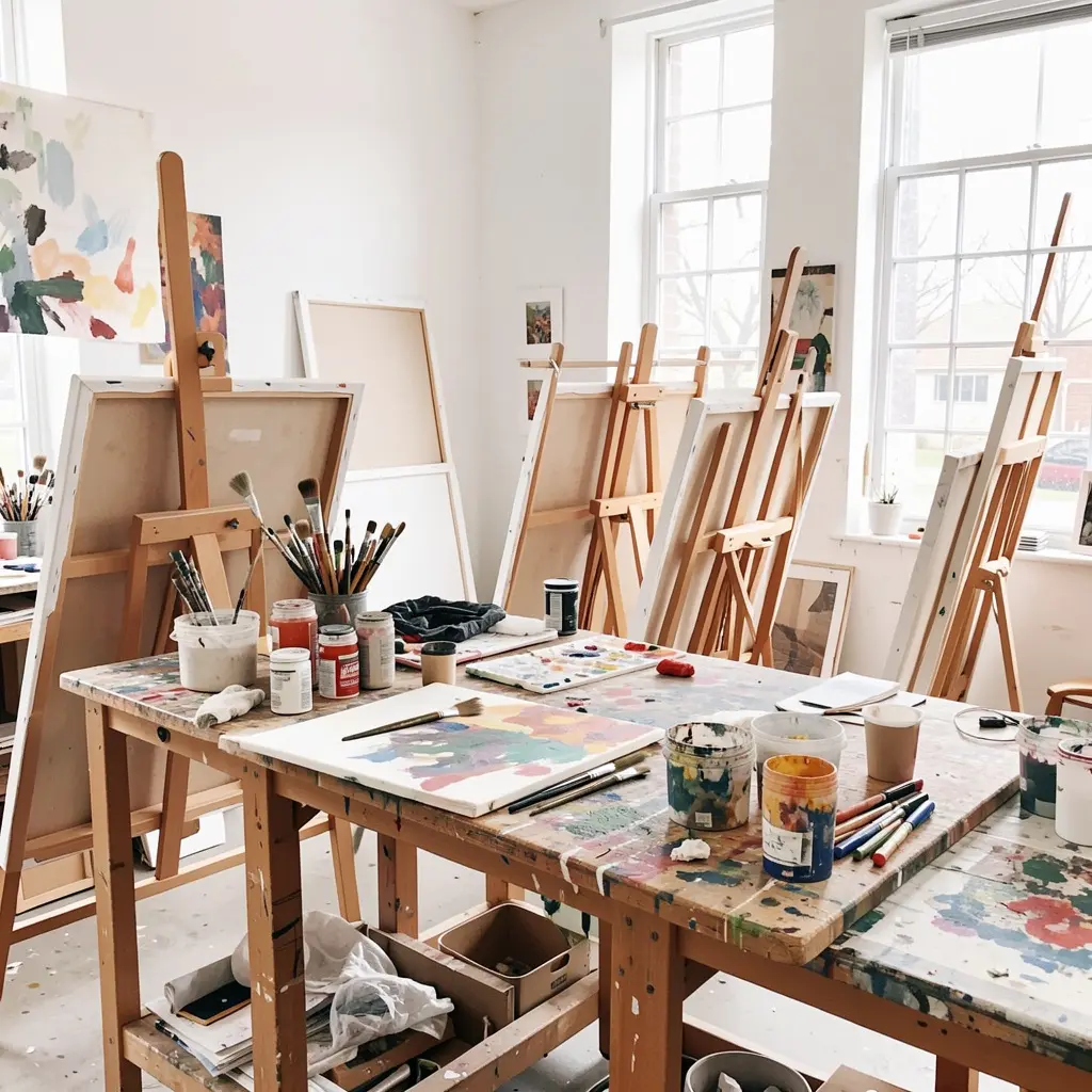 Bright art studio with painting supplies and easels